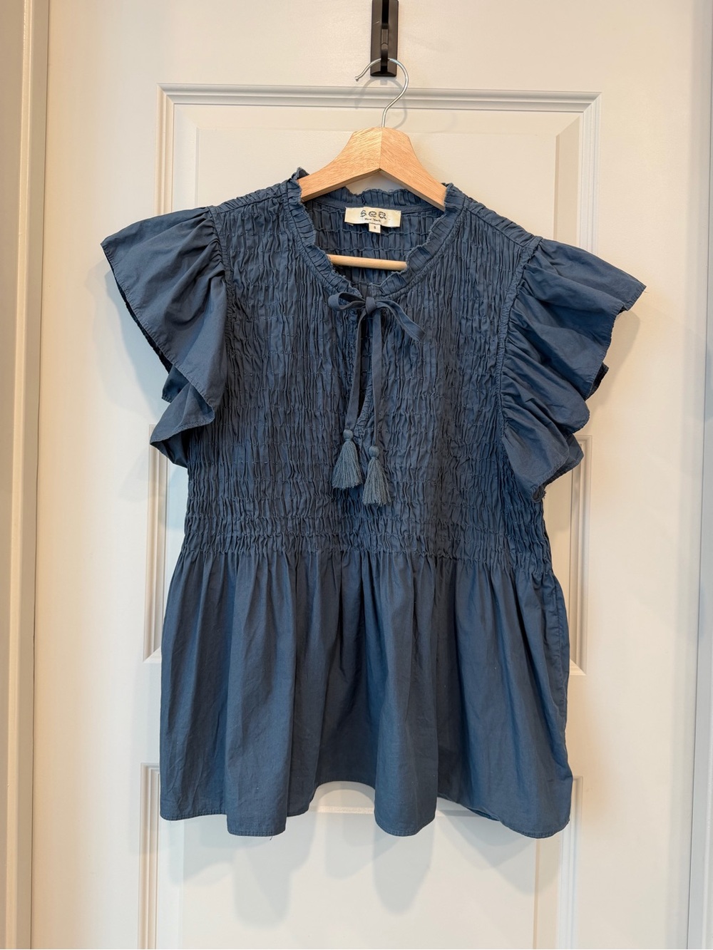 Sea New York Smocked Ruffle Sleeve Babydoll Top Blue